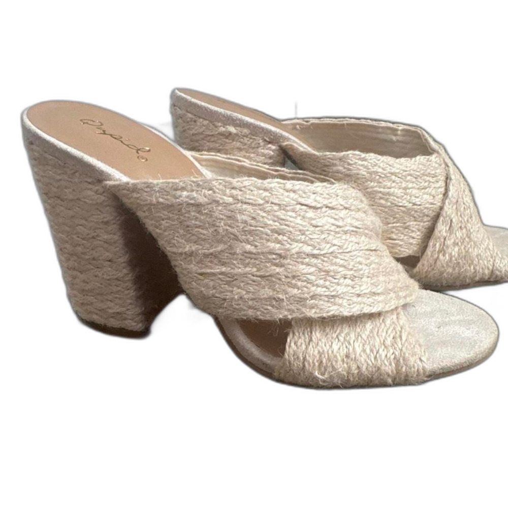 Qupid Womens Natural Woven Raffia Crisscross Block Heel Mules Size 7